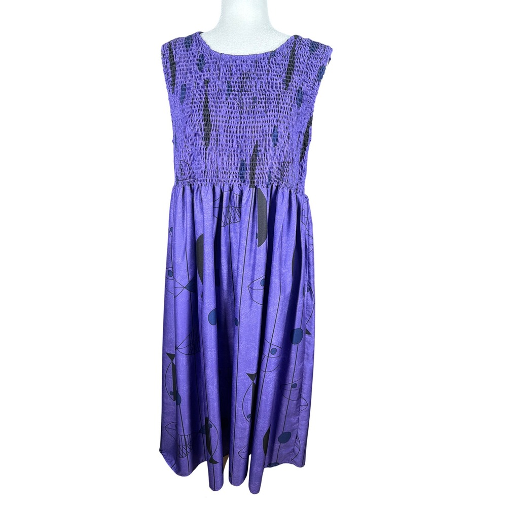 Misslook Purple Abstract Fish Print Smocked‎ Bodice Sleeveless Midi Dress 3XL